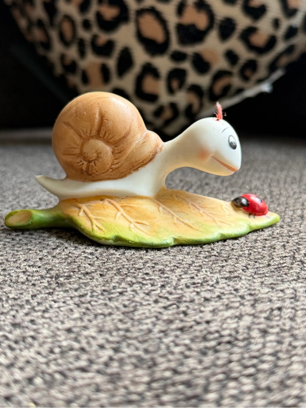 Homco Decorative Snail Figurine on Leaf - Cream, Brown & Green with ladybug